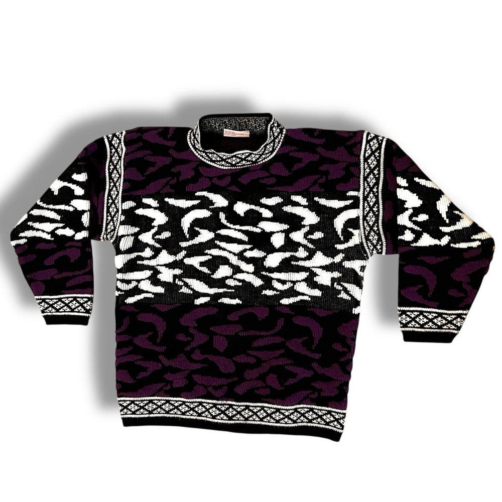 Vtg 80s Mock Turtle Neck Sweater Funky Cosby Style Grandpacore Retro Purple/Blk